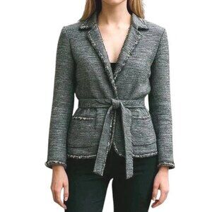 Ann Taylor Tweed Blazer Size 8P Black Fine Italian Fabric Fringe Mesh Trim Belt